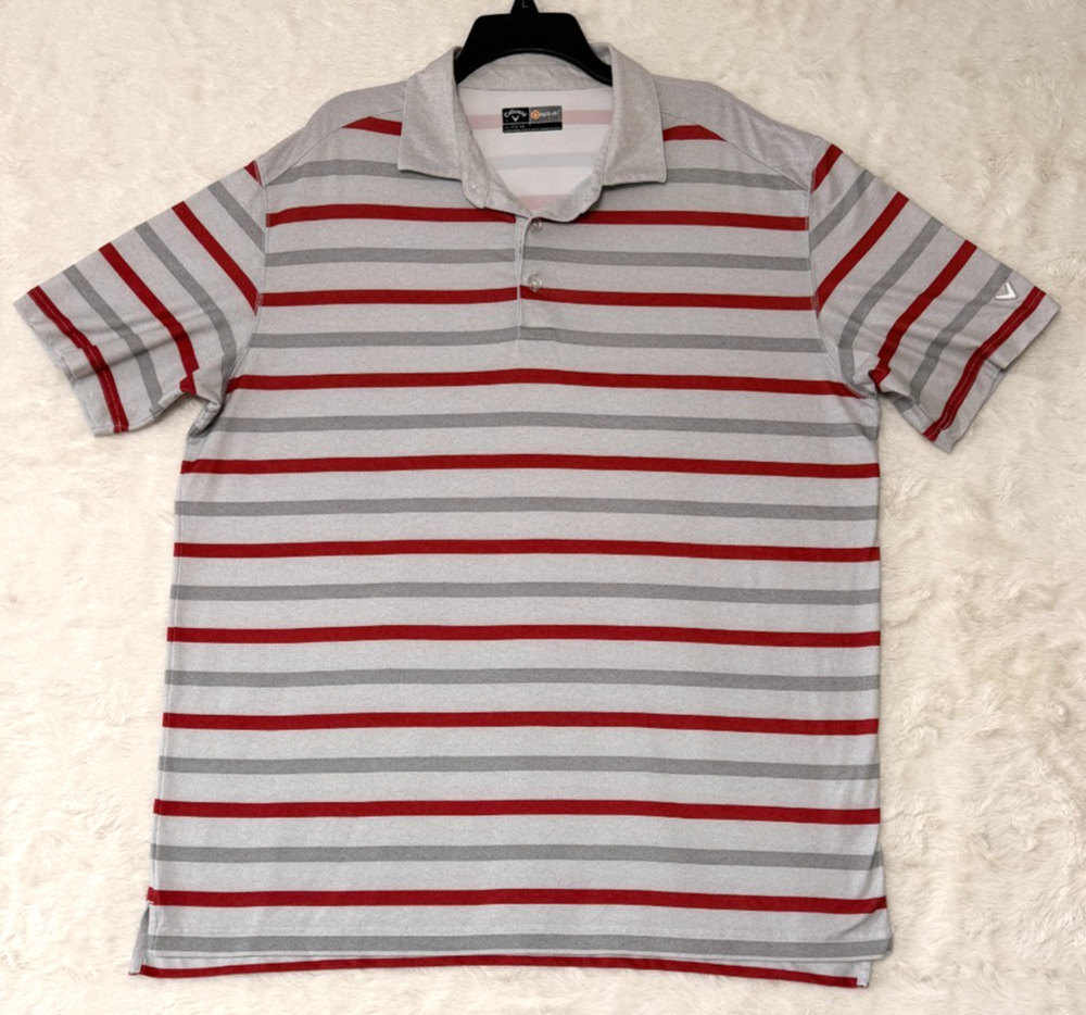 Callaway Opti-Dri Golf Polo Shirt Mens XL Gray Red Striped Short Sleeve Stretch